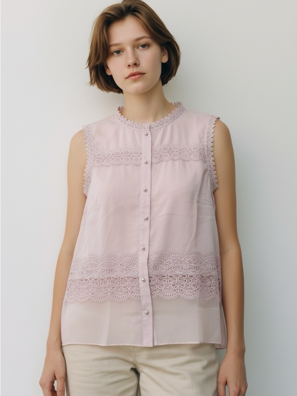 T Tahari Blush Pink Lace Sleeveless Blouse Pearl Button Top Small